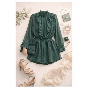 ZARA Swiss Dot Ruffle Romper Forest Green Sz XS Holiday Date Night Christmas